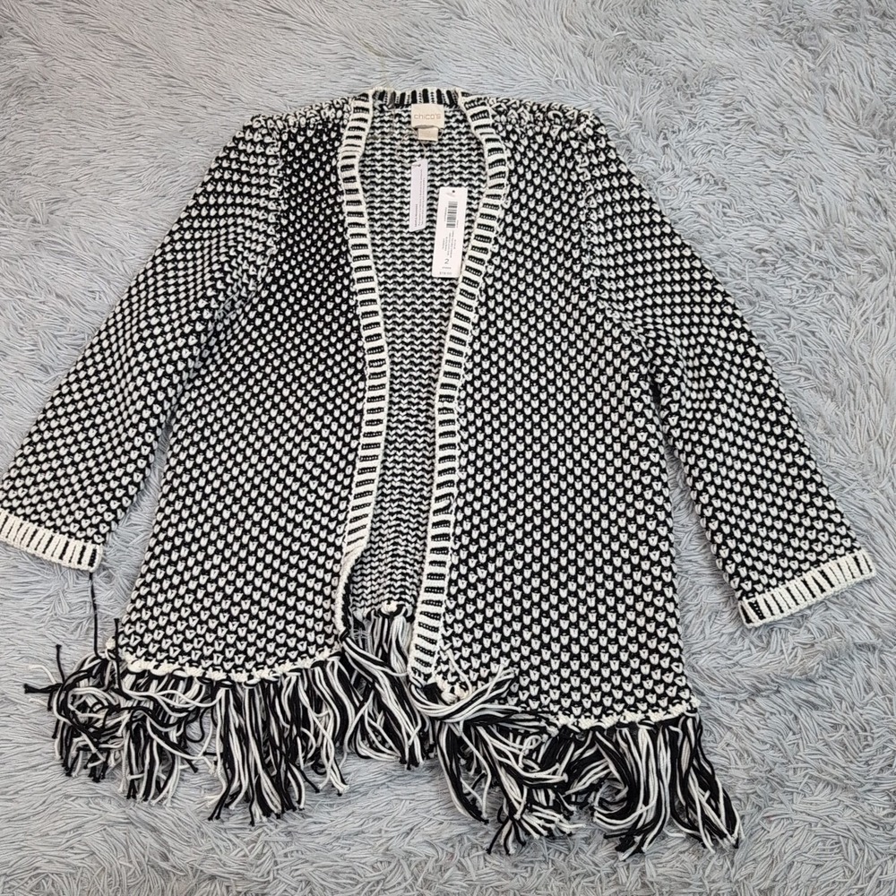 Chico's‎ Sweater Womens 2 Black White Cardigan Open Front Preppy Comfort L New